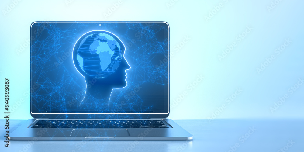 Poster Close up of laptop with glowing blue world map inside head outline hologram on office desktop with mock up place. Think, business, brainstorm and global technologies concept. 3D Rendering.