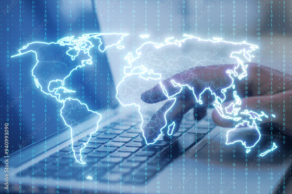 Poster close up of male hands using laptop keyboard with glowing polygonal map. innovation and interactive 