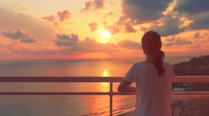 Fototapeta premium Complete perspective of someone enjoying a sunset view from a balcony,