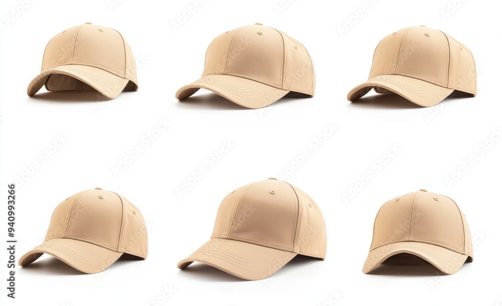 Poster baseball caps isolated on white background with clipping path in beige color.