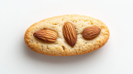 Almond Cookie Close-up: A delectable almond cookie, with three whole almonds nestled on top, sits against a clean white backdrop. The cookie's golden hue and delicate texture.