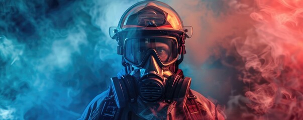 Firefighter in gear, standing amidst colorful smoke.