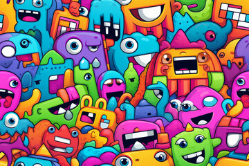 Obraz premium A colorful and whimsical pattern of cute cartoon monsters with various expressions and features.