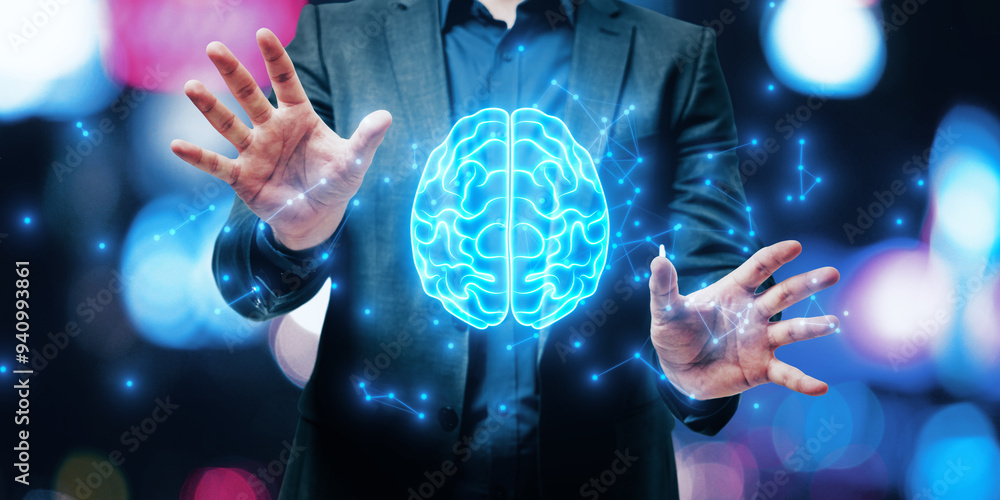 Leinwandbilder close up of businessman hands using glowing polygonal brain hologram on blurry bokeh background. art