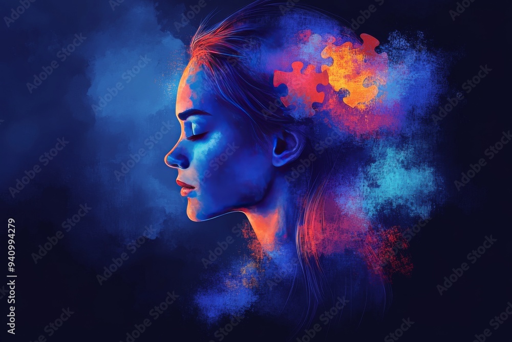 Poster dreamlike portrait of a woman with a cloud filled mind representing the ethereal nature of thought t