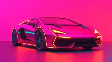 Futuristic electric sports car with neon lights and sharp contours, high-tech aesthetic, 3D illustration