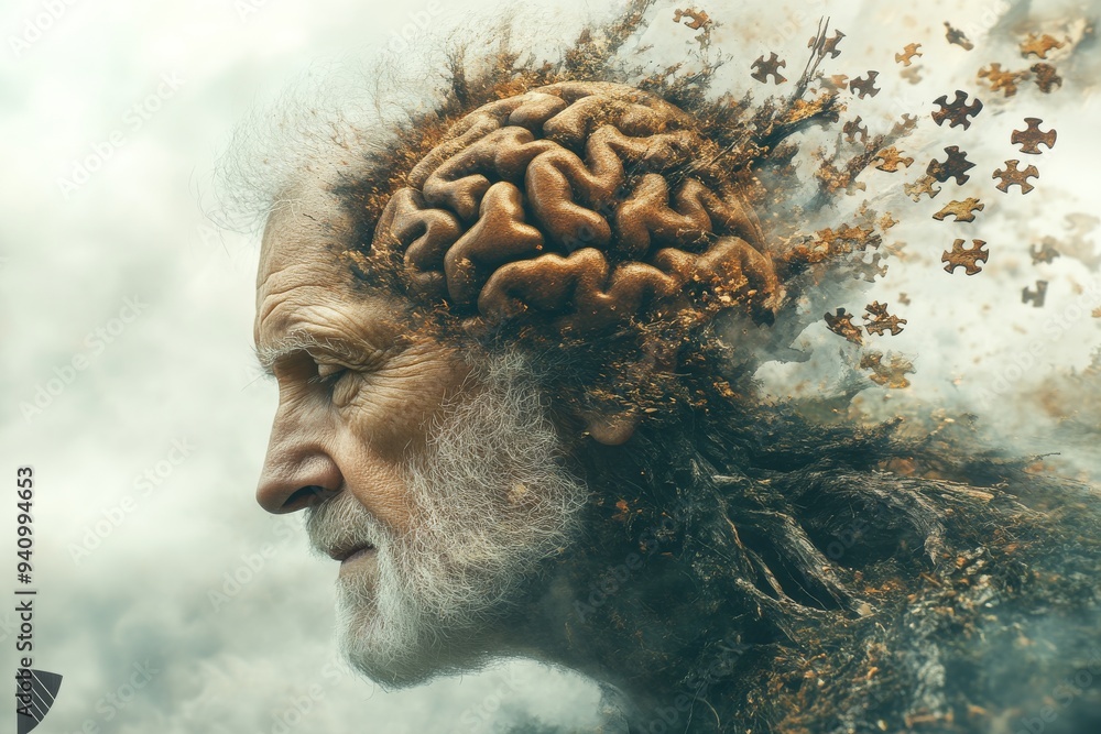 Poster artistic double exposure of an elderly man with a tree growing from his brain symbolizing wisdom mem