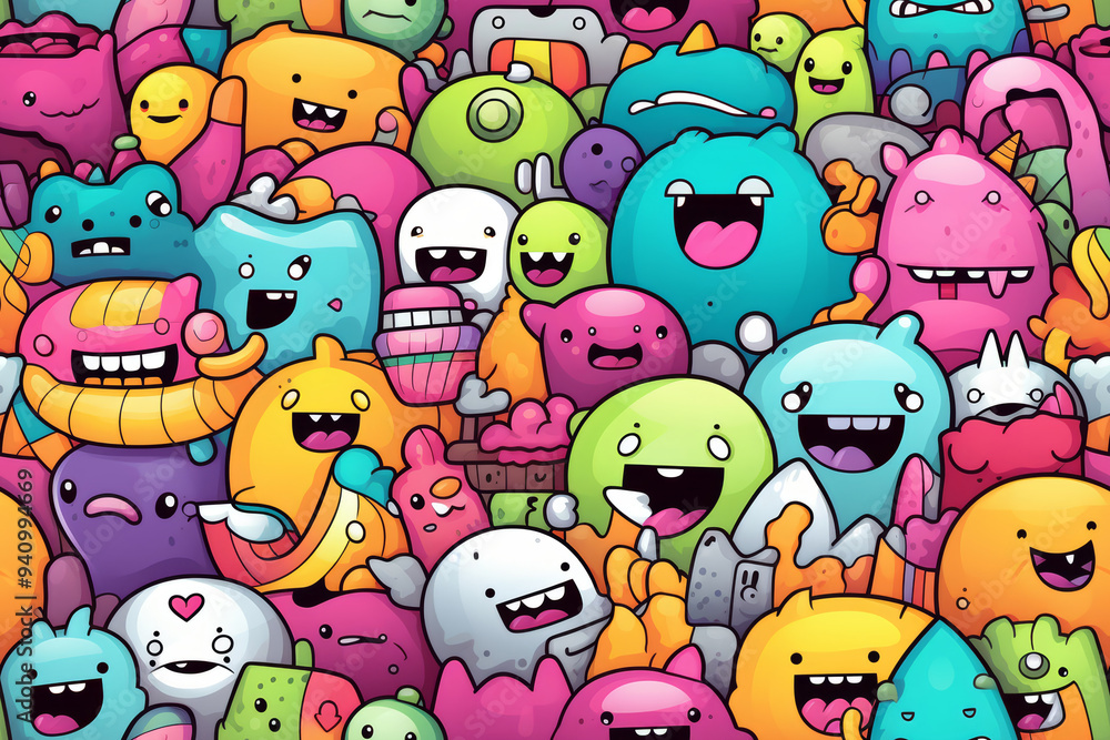 Poster a colorful background pattern of cute cartoon monsters and creatures in various shapes and sizes, al
