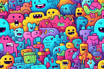 A colorful background pattern with many cute and happy cartoon monsters in a doodle style.