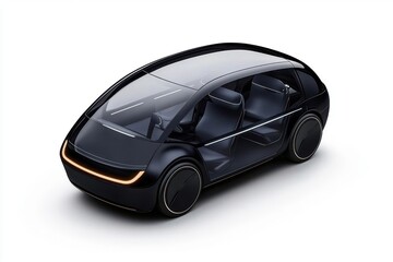 Futuristic family electric vehicle with AI-controlled safety features, sleek interior, 3D illustration