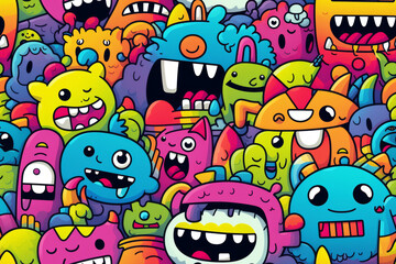 A colorful doodle pattern with many cute monsters with different expressions.