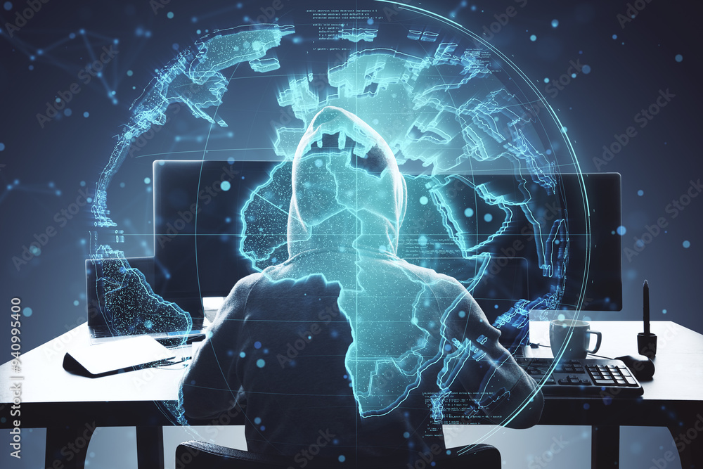 Poster Back view of hacker using laptop with glowing polygonal globe hologram on blurry background. Digital world, hacking and metaverse concept. Double exposure.