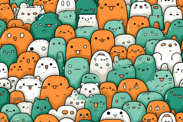 A colorful pattern of cute cartoon characters with various expressions.
