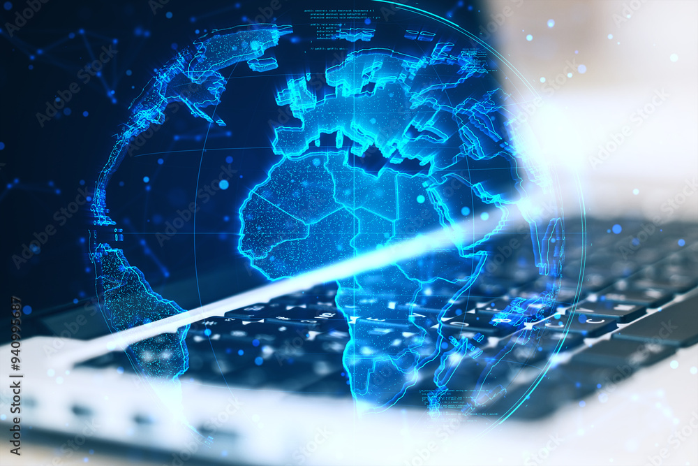 Poster close up of laptop with glowing polygonal globe hologram on blurry background. digital world and met