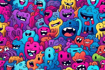 Obraz premium A colorful seamless pattern featuring a chaotic and playful crowd of cartoon monsters with different expressions and colors.