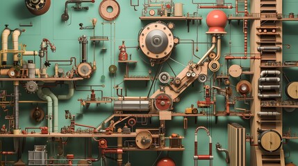 Intricate Mechanical Illustration on Teal Background