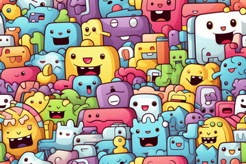 A colorful seamless pattern of cute cartoon monsters with happy faces.