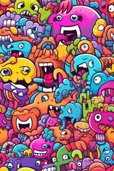 Fototapeta premium A colorful seamless pattern of funny monsters with different expressions and designs.
