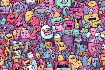 Fototapeta premium A colorful seamless pattern of cute cartoon monsters, aliens, and other whimsical creatures.