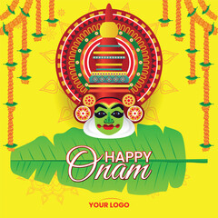 Vibrant Onam Greeting Banner with Kathakali Mask and Marigold Garlands