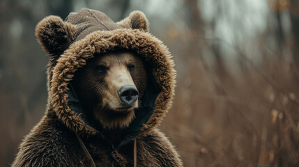 Obraz premium A detailed portrait of a bear wearing a fur-lined hat with ear flaps, capturing the animal in a warm, winter-ready attire against a forest background.