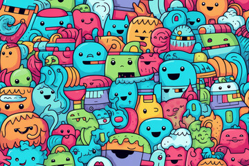 A colorful seamless pattern with cute cartoon monsters, perfect for kids' designs.