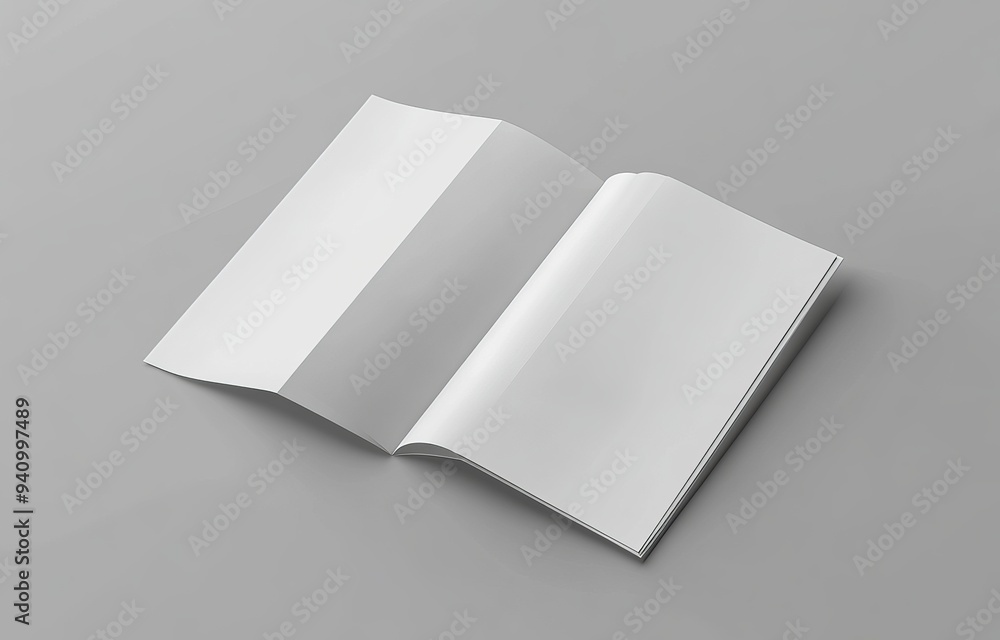 Poster 3d render of a bi fold or vertical half fold brochure on a soft gray background.