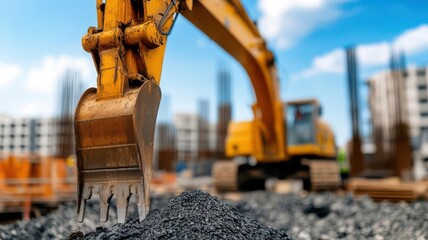 Excavator digging gravel at a construction site under a bright blue sky, showcasing industrial machinery in action.