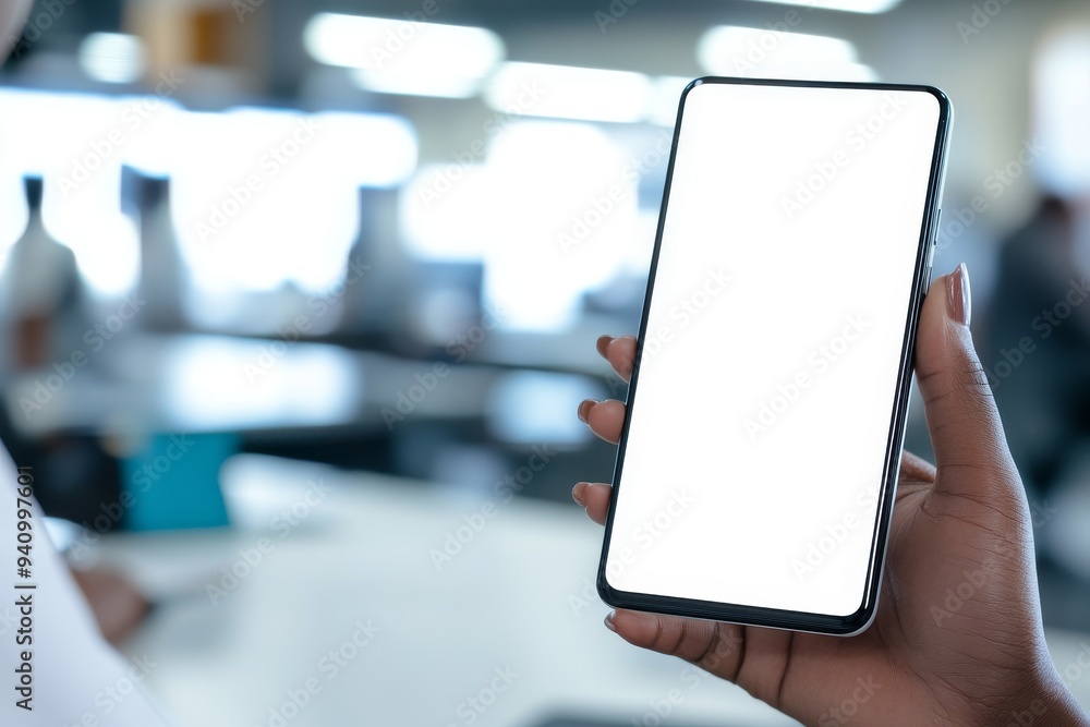 Poster a modern home interior shows a man using a smartphone with a blank screen and frameless design while