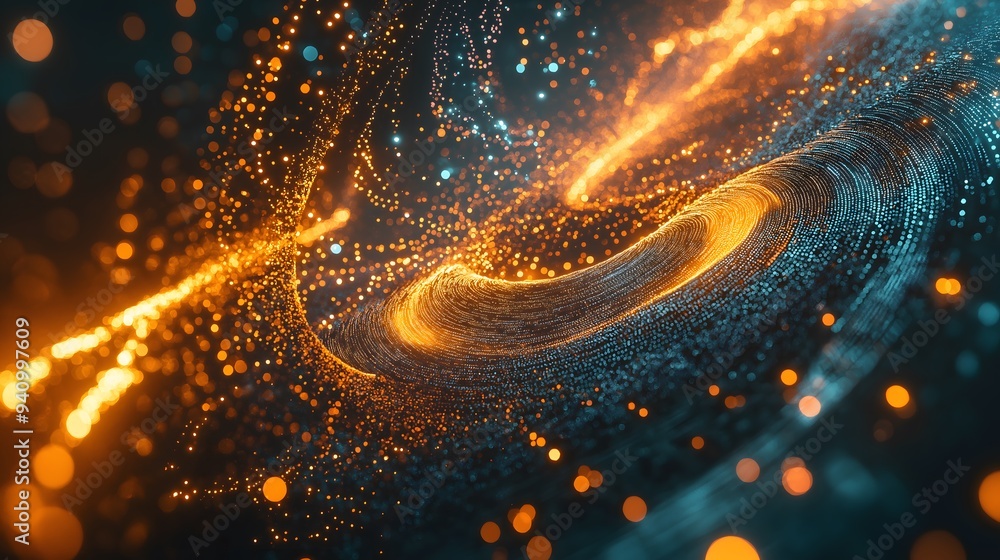 Poster golden and teal particle swirls abstract background