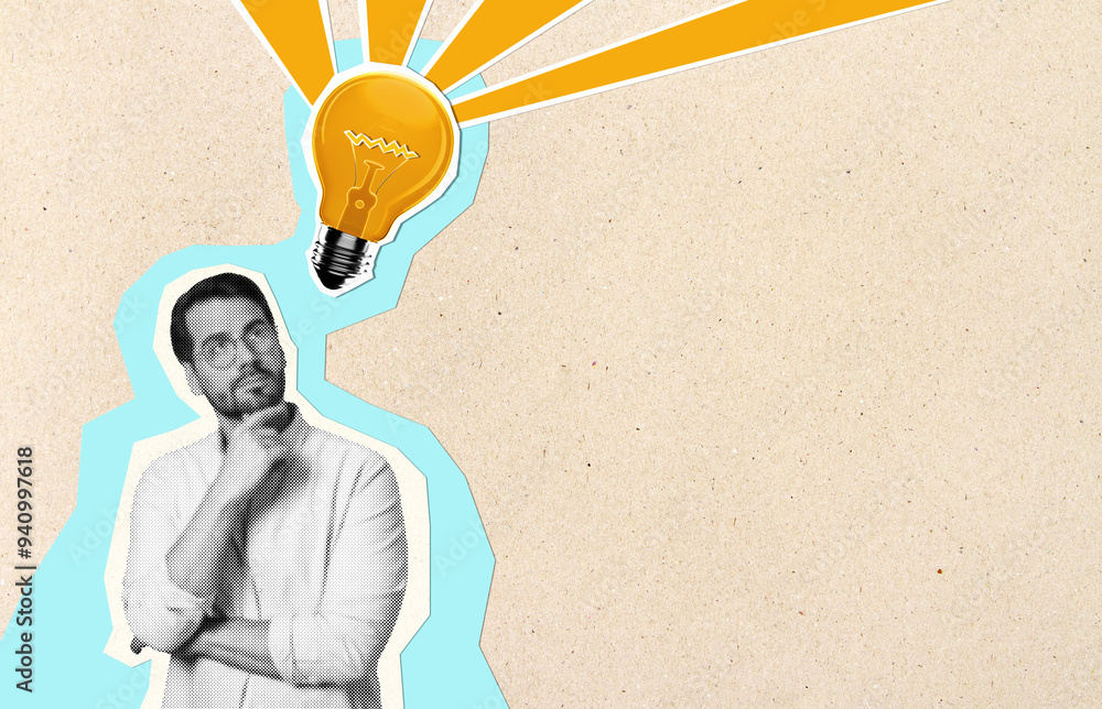 Poster thoughtful young businessman with abstract drawn lightbulb on light cartoon background with mock up 