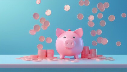 3D illustration of a small pig piggy bank on the table on a blue background, coins falling Direction of business and management, coins in a stack Flat business cartoon

