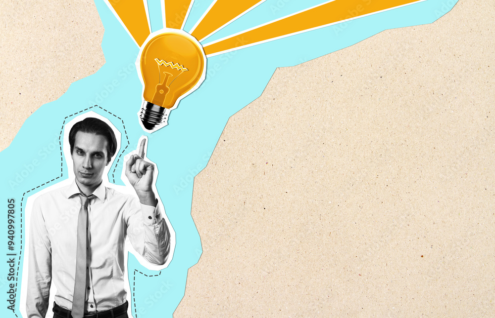 Poster thoughtful young businessman pointing at abstract drawn lightbulb on light cartoon background with m