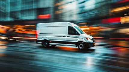 Express delivery service van speeding through the city to make timely deliveries.
