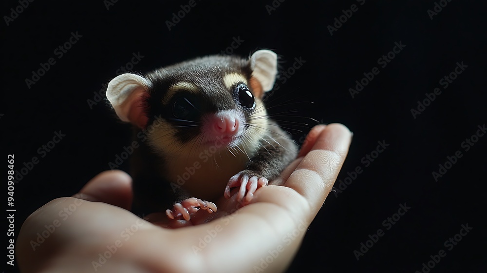 Wall mural A small, cute, brown and white  rodent with large ears and big eyes sits in a human hand against a dark background.