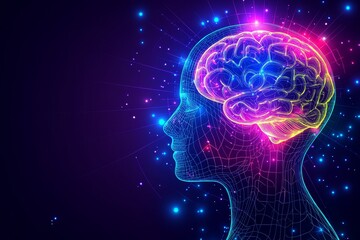 Futuristic digital portrait of a glowing brain with neon lights symbolizing the fusion of technology creativity and the exploration of cognitive processes in a high tech world