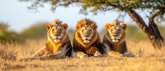  Three lions sit together on a grassy field beside a tree
