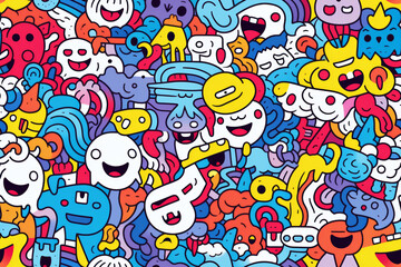 A colorful, seamless pattern of doodle monsters with happy expressions, featuring a variety of shapes and sizes, created in a cartoon style.