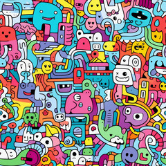 A colorful, seamless pattern filled with whimsical, cartoon characters and abstract shapes.