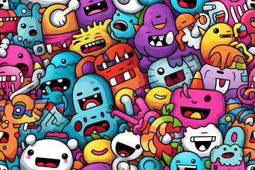 A colorful, playful pattern of doodle-style monsters, each with unique features and expressions.
