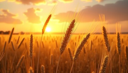 Fototapeta premium Ripe wheat fields natural landscape at sunset. farm harvest season.