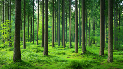 Obraz premium Tranquil forest with tall trees and soft sunlight filtering through. 