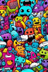 Obraz premium A colorful, whimsical doodle pattern featuring happy, cartoon-like monsters in various shapes and sizes.