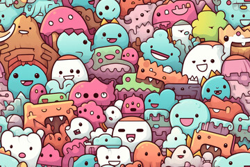A colorful, whimsical pattern of cute cartoon monsters.