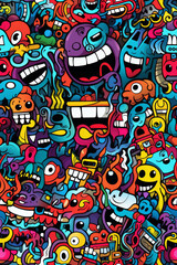 A seamless pattern featuring a chaotic and vibrant collection of colorful, cartoon-like creatures with various expressions, some with large, toothy smiles, others with googly eyes.