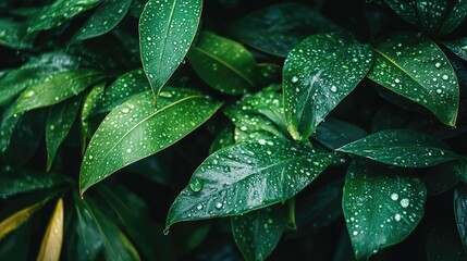 Fototapeta premium Macro shot of water droplets on lush green leaves, highlighting natures beauty and freshness in a serene setting
