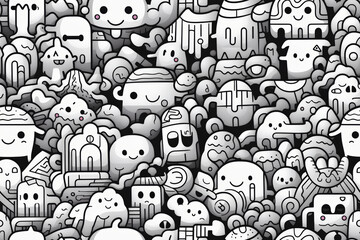 A seamless pattern featuring a chaotic array of doodle characters, shapes, and objects in black and white.
