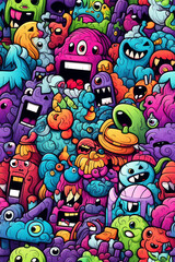 Obraz premium A colorful, whimsical, and chaotic pattern of doodle monsters in a variety of shapes, sizes, and expressions.