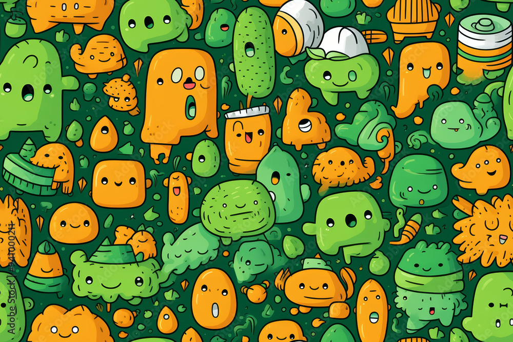 Poster a seamless pattern featuring a variety of cute cartoon characters in green and orange. the character