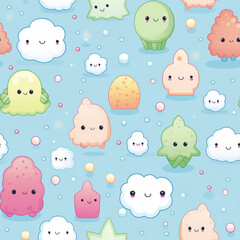 A seamless pattern featuring cute cartoon clouds, stars, and other whimsical shapes on a light blue background.